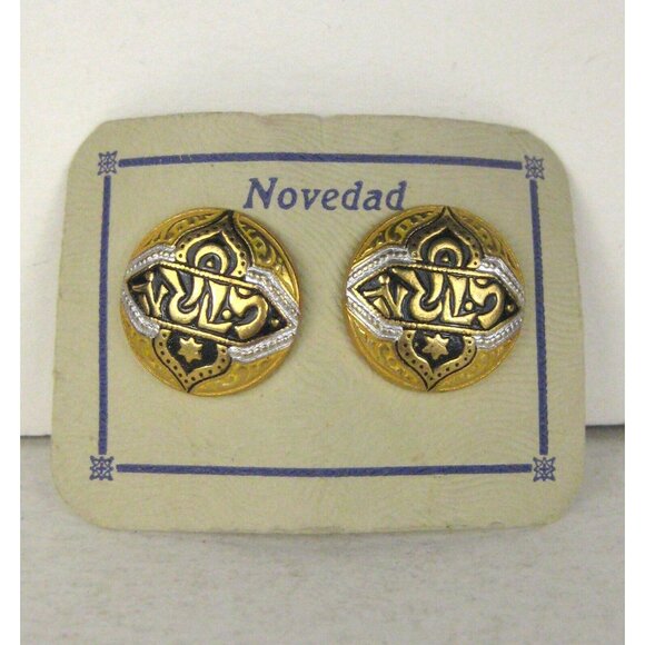 Calligraphy Earrings CLIP ON Goldtone Vintage 1950 Estate Enamel Button - Picture 1 of 6